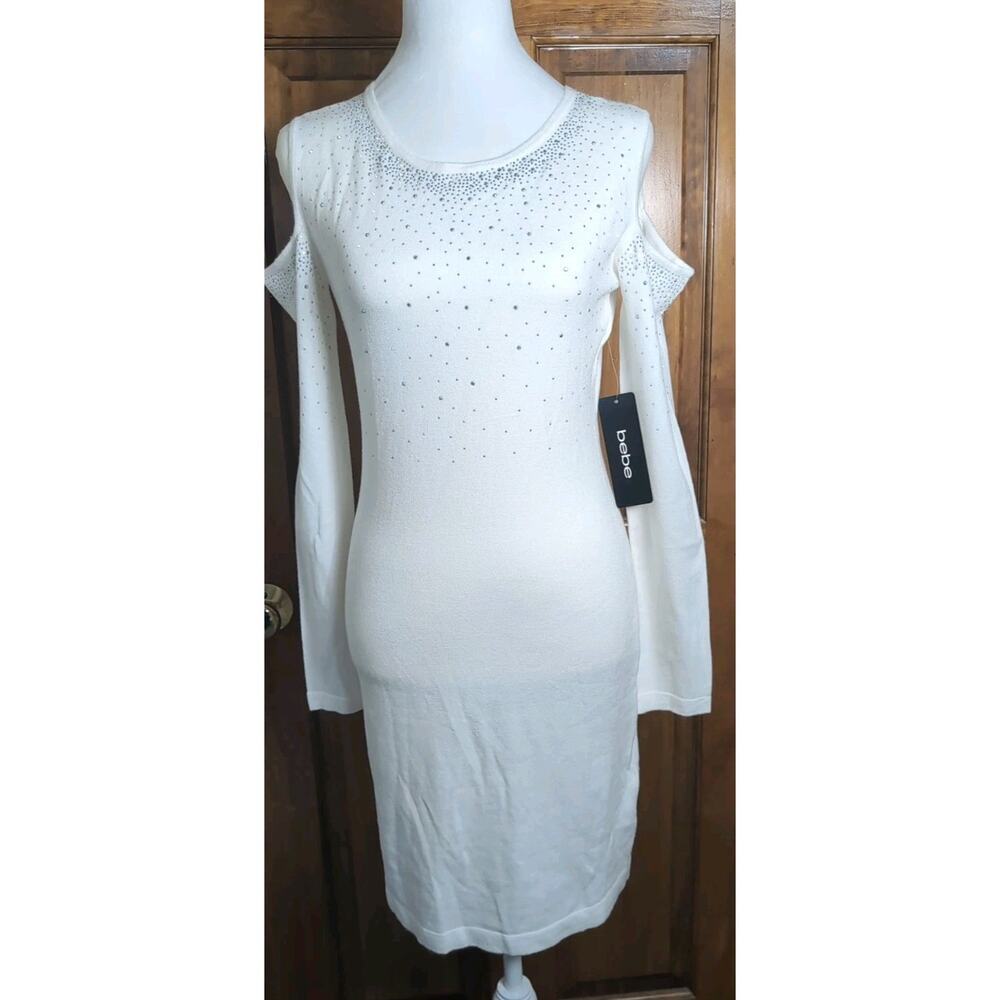 BEBE Cold Shoulder Dress Bodycon Elegant Sexy Silver Studs Women's L(1061)